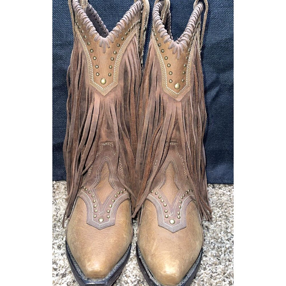 Rockin Country Women's Brown Leather Fringe Studded Western Boots Size 7 EUC
